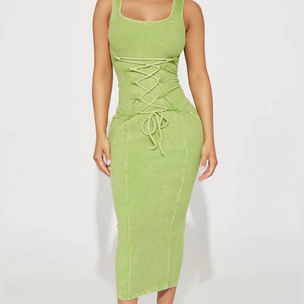 Green snatched dress.